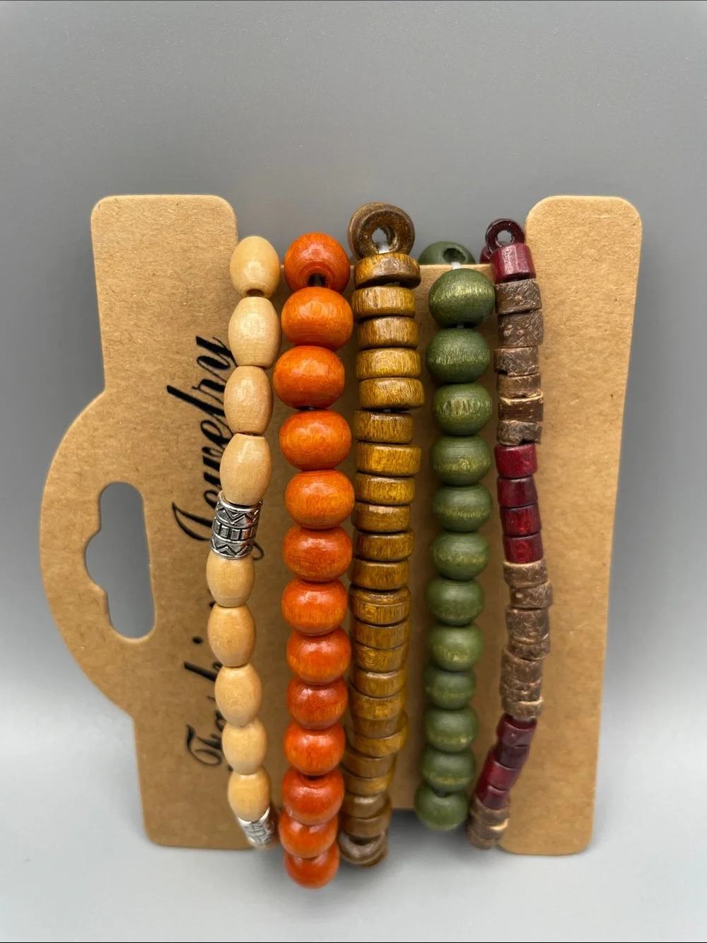 Fashion Jewelry Earth-Tone Wood Bead Bracelet Set - Orange, Green, Brown